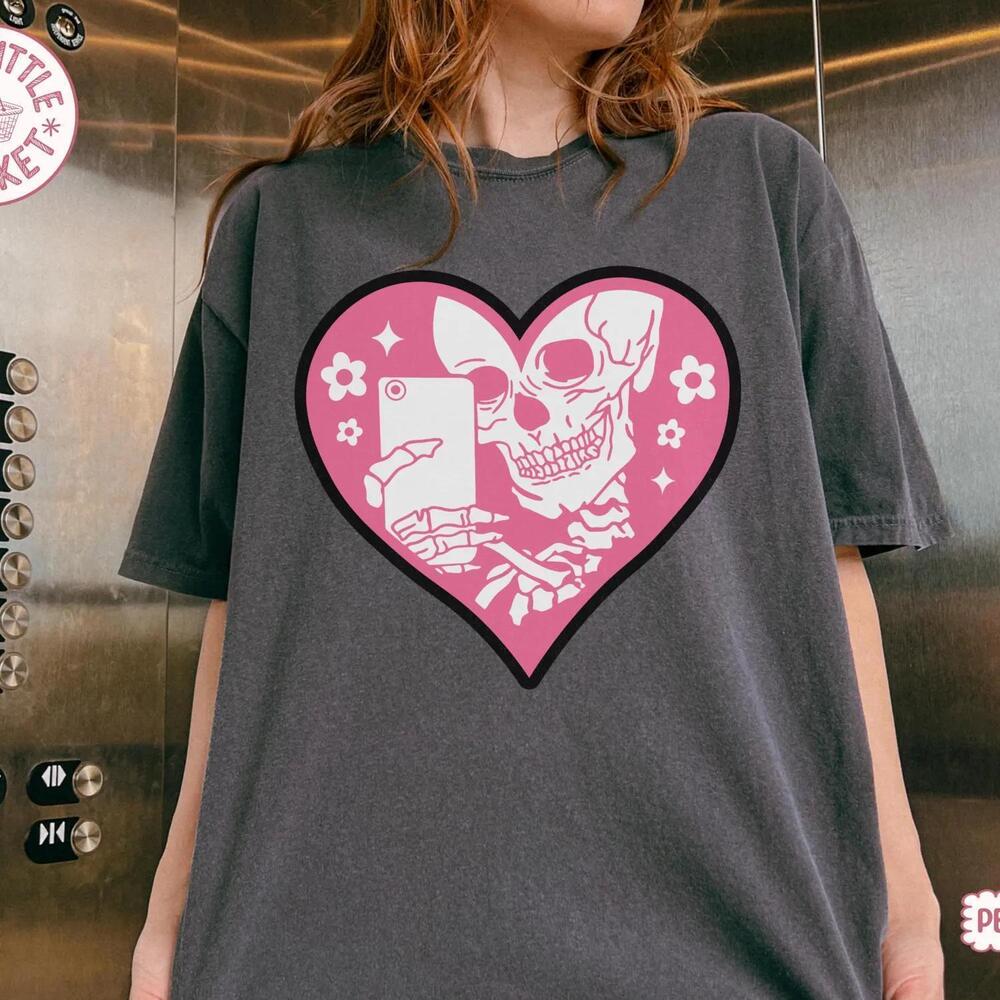 Skeleton Selfie Heart Shirt, Spooky Cute Goth Graphic Tee, Skull